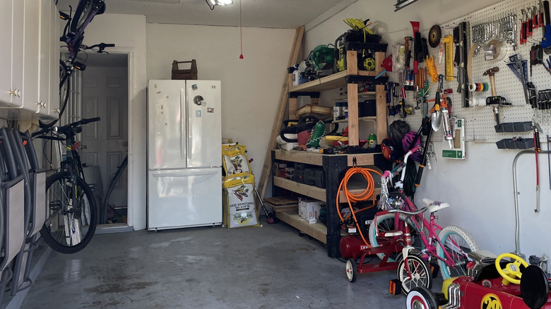 Refrigerator in a garage.