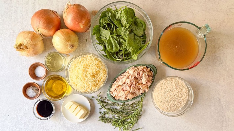 French onion chicken and rice casserole ingredients on countertop