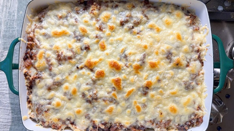 French onion chicken and rice casserole on stovetop