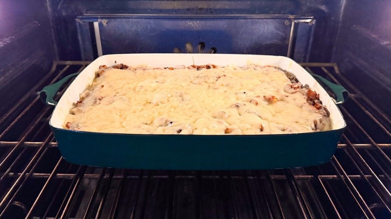 French onion chicken and rice casserole baking in oven