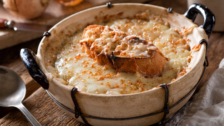 A bowl of delicious French onion soup.