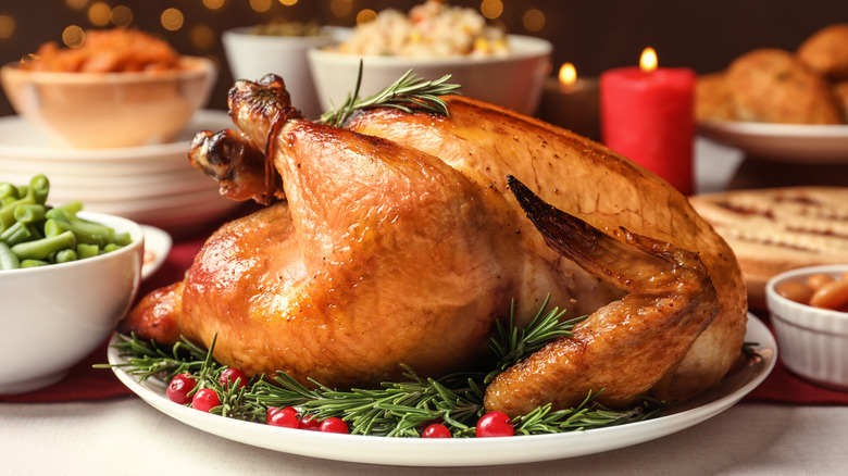 A whole roasted turkey on a plate