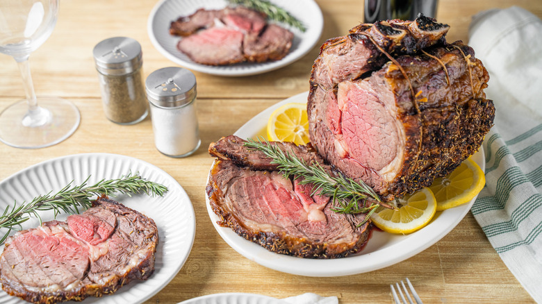 Prime rib on a table