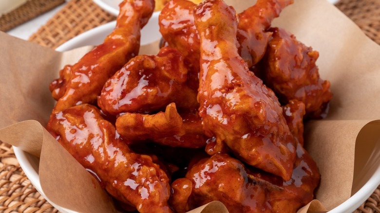 Saucy crispy-fried chicken in a bowl