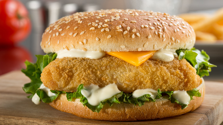 Fried fish sandwich with mayo and cheese