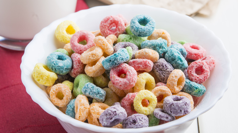 Close-up of Froot Loops cereal in a bowl