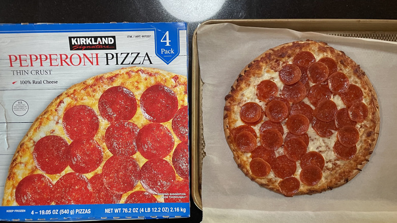 Kirkland pepperoni pizza and box