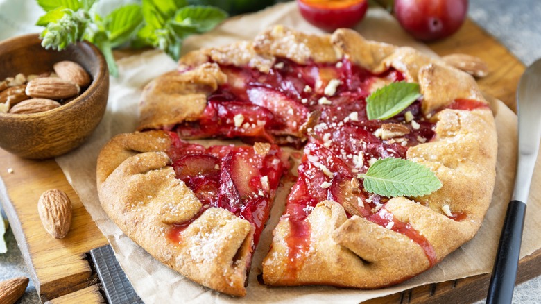 Plum galette on a cutting board