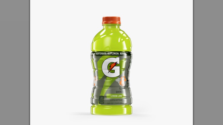 A bottle of Gatorade Lemon Lime is displayed on a white background