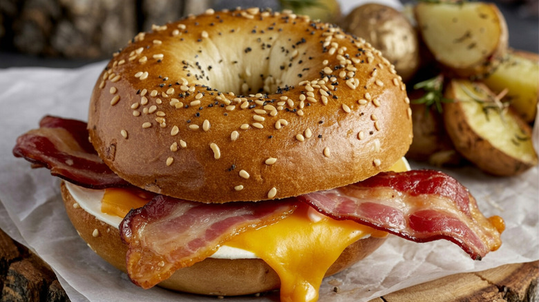 Breakfast sandwich on an everything bagel.
