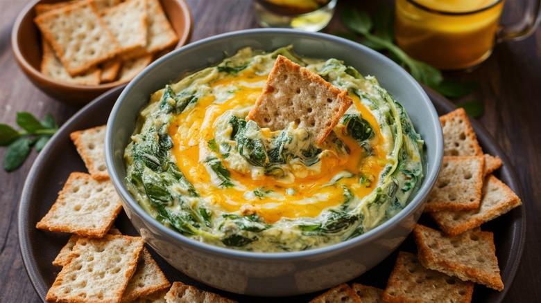 spinach dip in a bowl with crackers