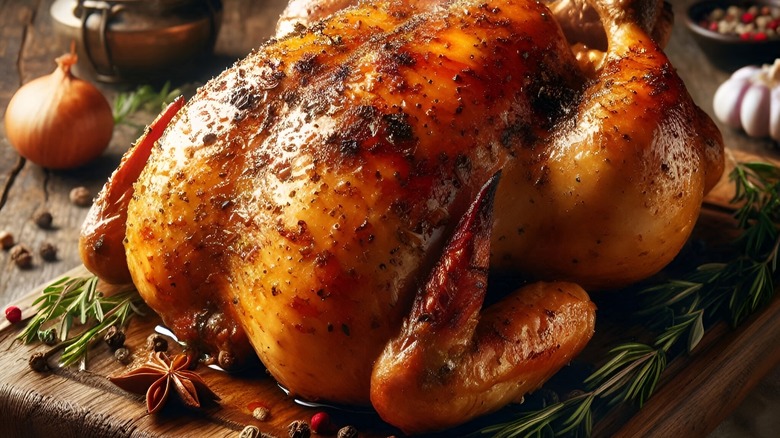 Perfectly roasted chicken on a board