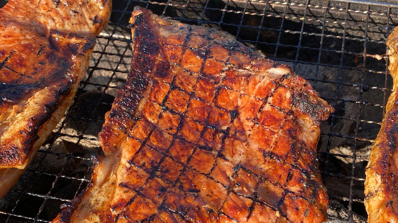 pork chops grilled with grid patterned char marks