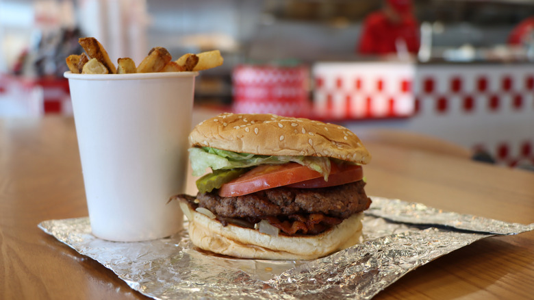 A hamburger and fries from Five Guys