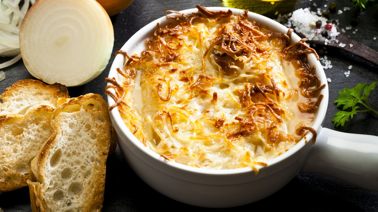 Cheesy layer over onion soup