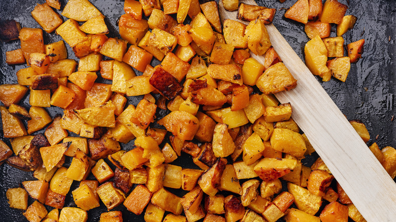 Roasted butternut squash on a pan