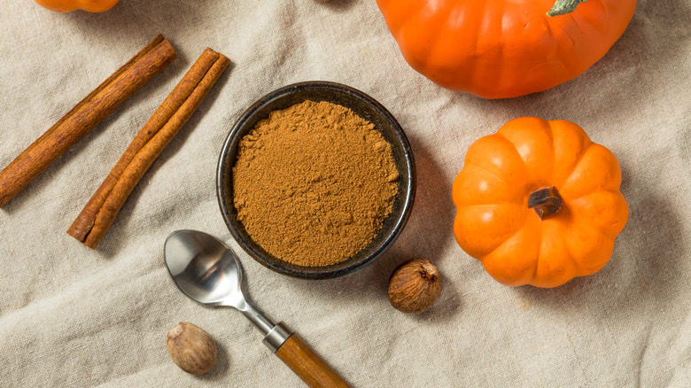A small bowl of pumpkin spice is photographed from above.