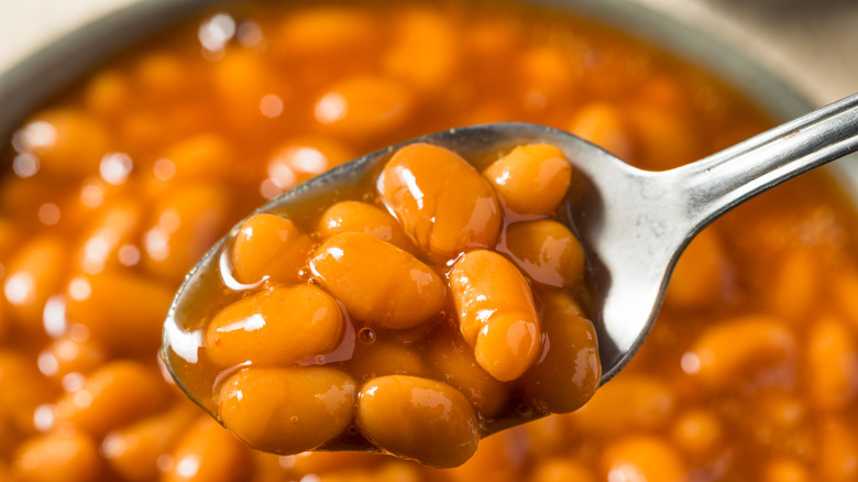 Close up of baked beans in a tomato sauce