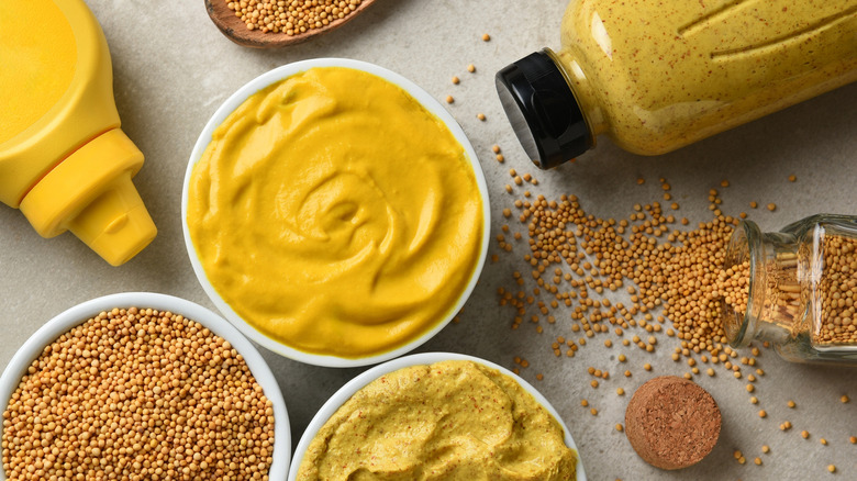 Variety of mustards and mustard seeds in ramekins and bottles