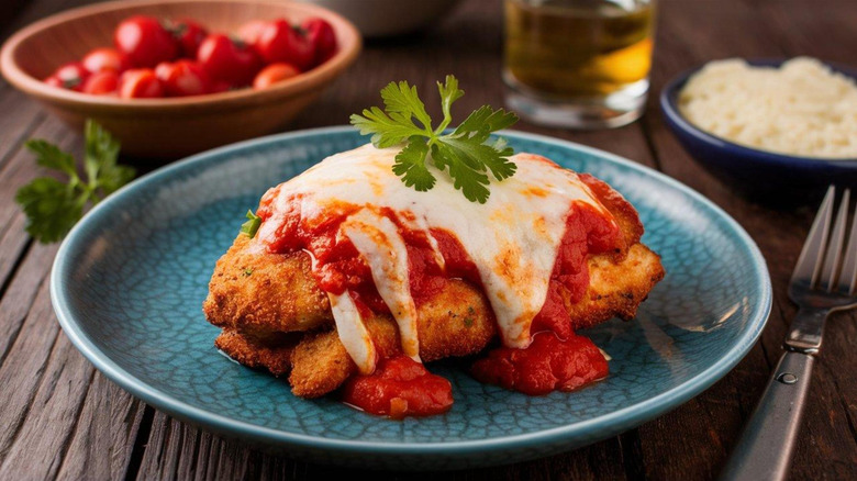 Chicken parmesan on a plate.