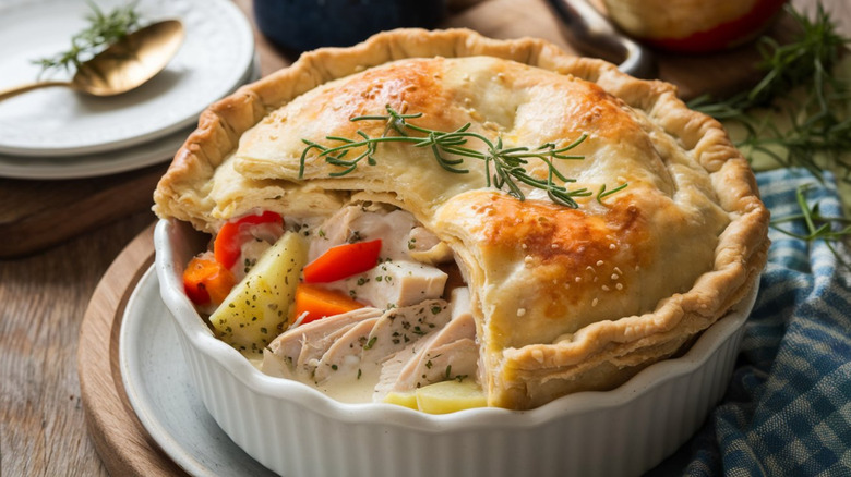 A chicken pot pie in a white dish
