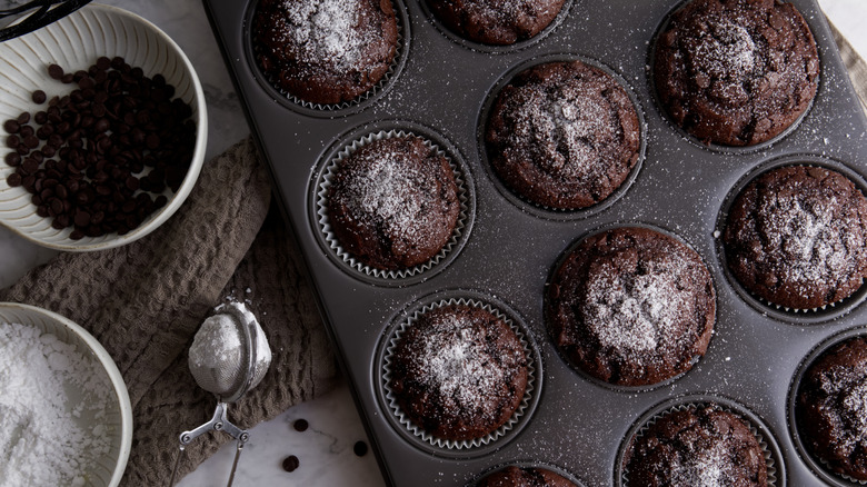 Chocolate muffins in a tin