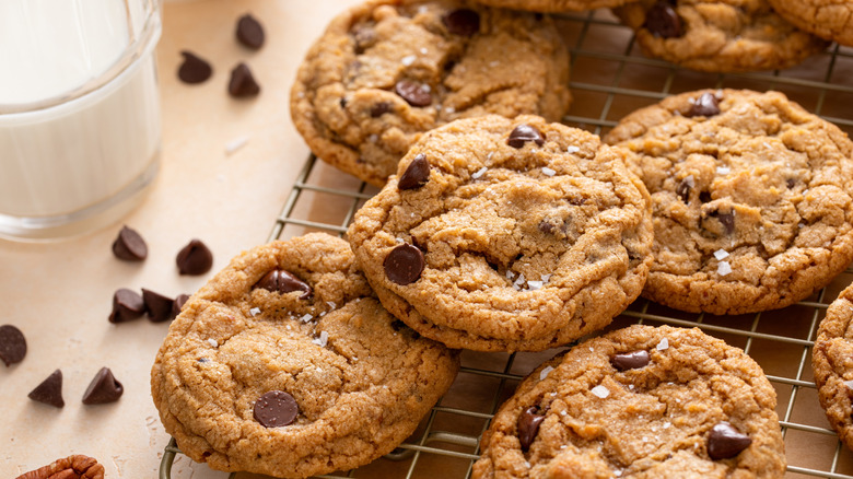 Chocolate chip cookies on a wire cooling rack