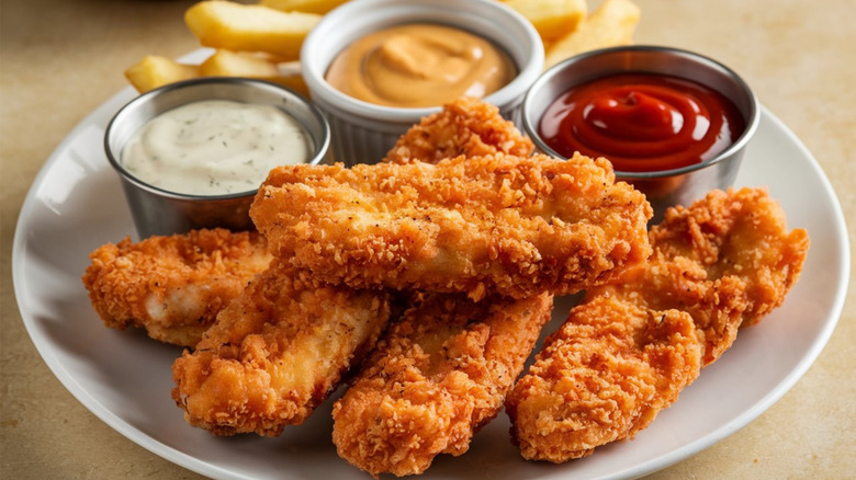 chicken strips on a plate with fries and sauces