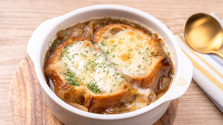 french onion soup in a white ramekin