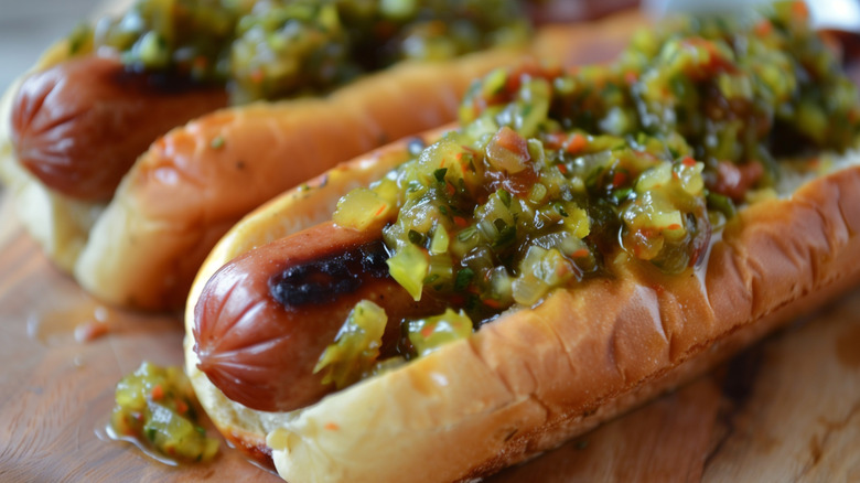 Relish on hot dogs