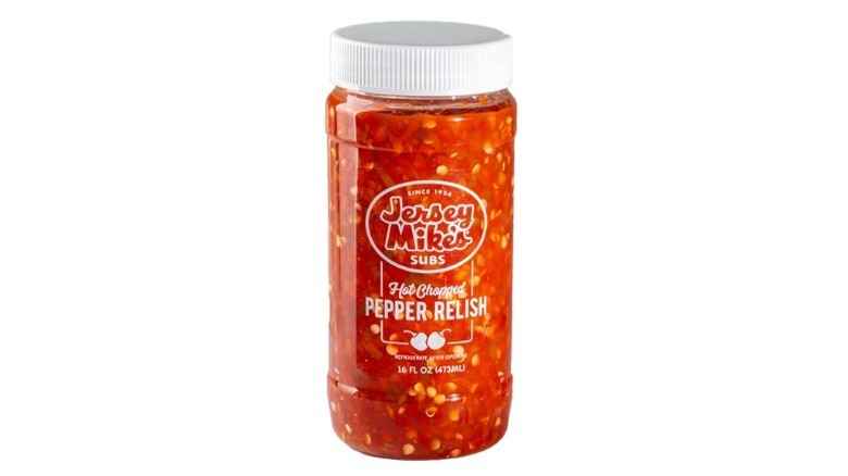 A jar of Jersey Mike's Hot Chopped Pepper Relish.