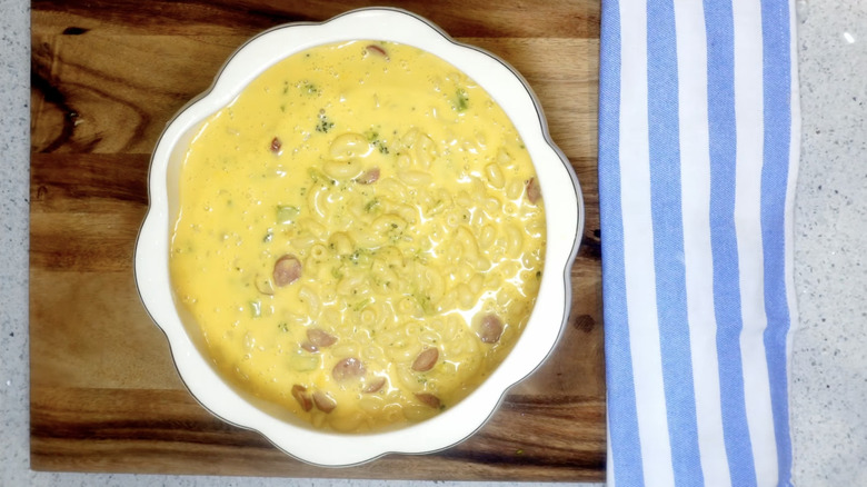 Pot of mac and cheese soup.