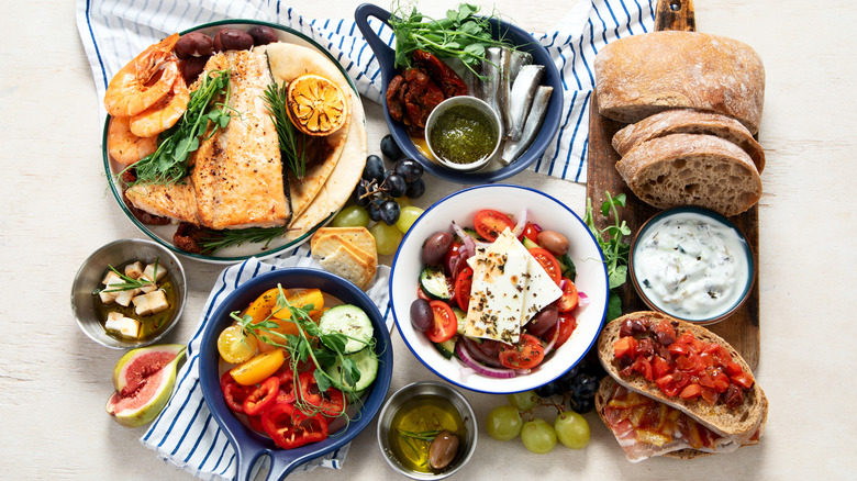 An assortment of ingredients frequently used in Greek cuisine