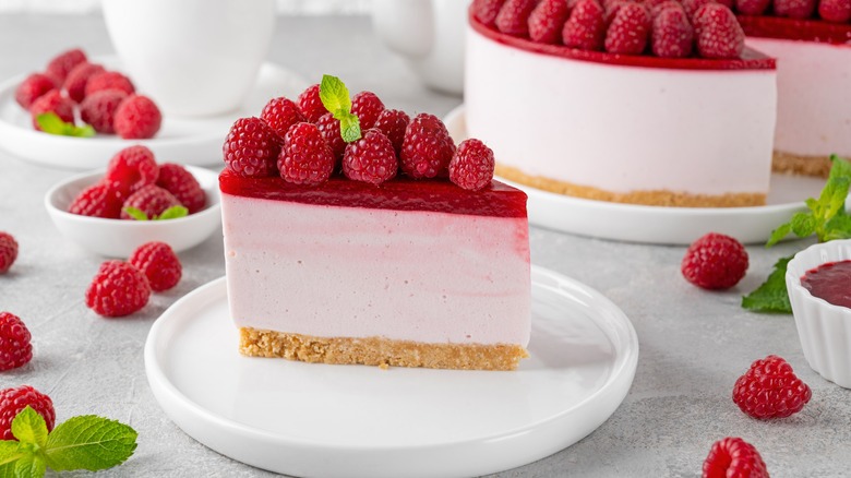 A slice of no-bake raspberry cheesecake