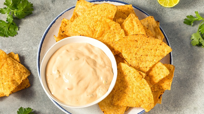 Top-down view of queso dip in a bowl with tortilla chips on a white plate with blue trim