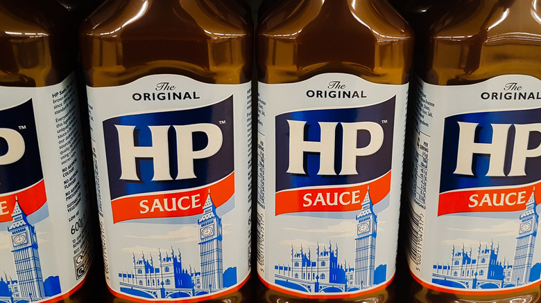 Bottles of HP Sauce on a shelf