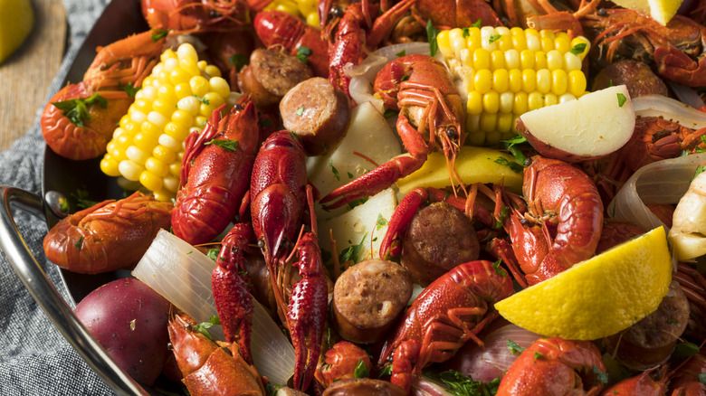 crawfish boil with seafood and corn