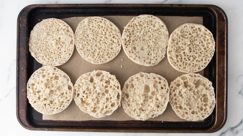 english muffins in a baking pan