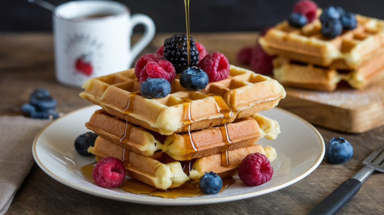 a stack of waffles and berries