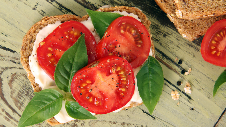An open-faced tomato sandwich includes basil.