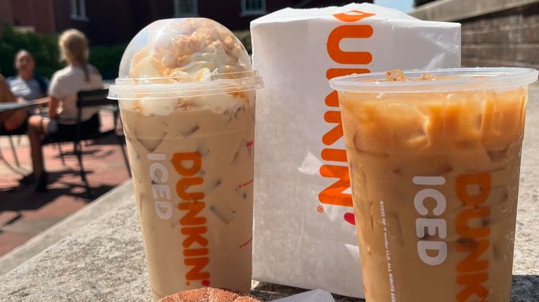 Dunkin' pumpkin spice latte, apple cider donut, and iced coffee