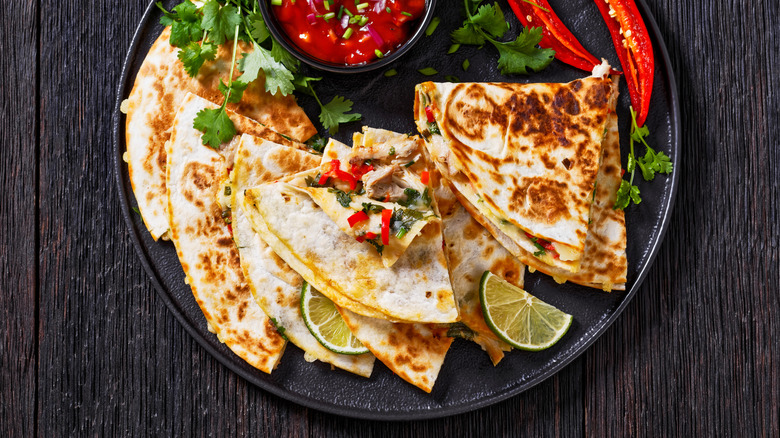 top view of chicken quesadillas with salsa