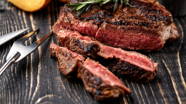 Sliced medium-rare steak