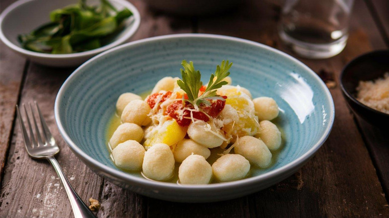 A bowl of gnocchi on a table with other dishes