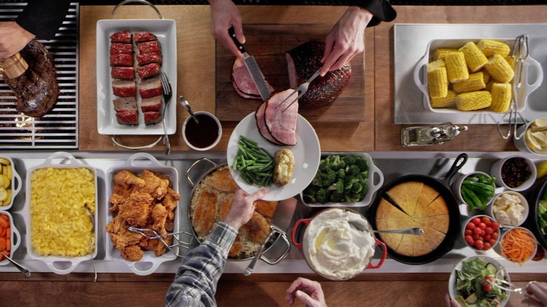 Overhead view of food offerings on the buffet line at Golden Corral