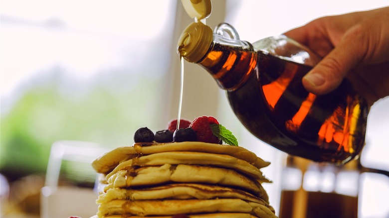 Pancakes with syrup drizzled on top