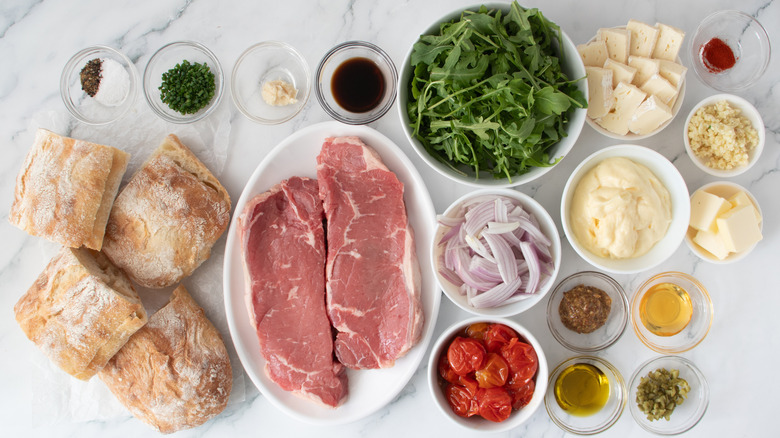 Ingredients for garlic butter steak sandwiches