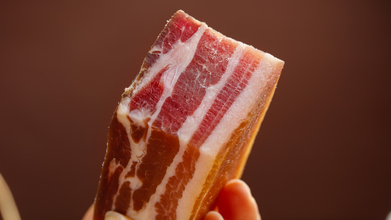 hand holding a piece of pancetta