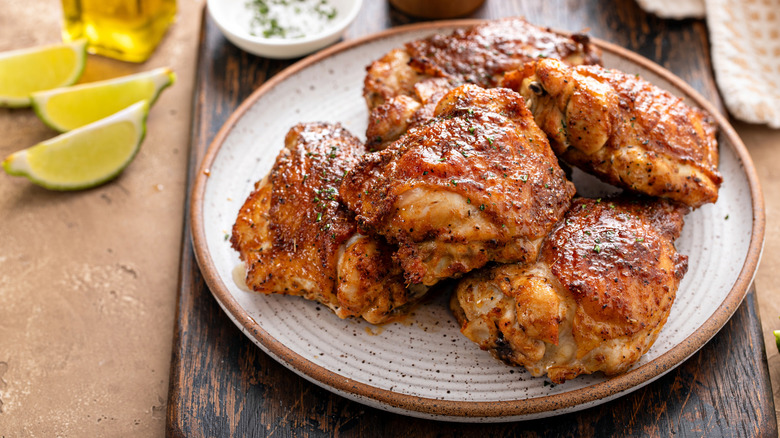 Roasted chicken thighs on a plate
