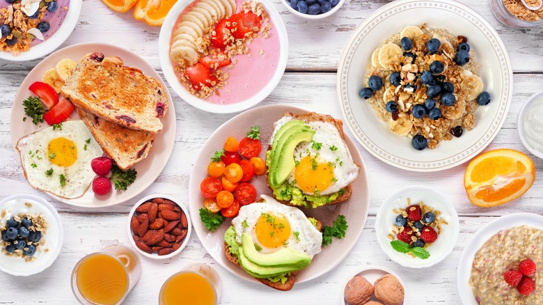Spread of various breakfast dishes